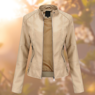 Jacke Damen in Lederoptik Mit Stehkragen in Beige