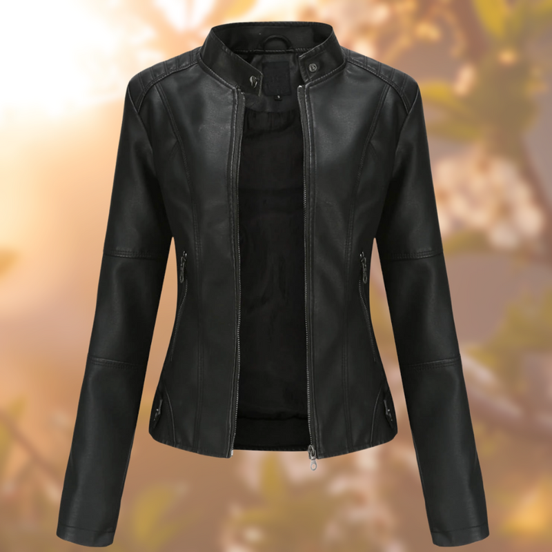 Women's Faux Leather Jacket with Stand-Up Collar