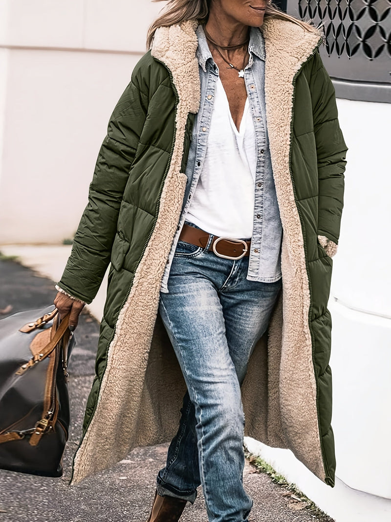 Long women's quilted coat with teddy lining and hood