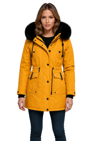 Winterjacke Damen Tailliert mit Fellkapuze in Gold