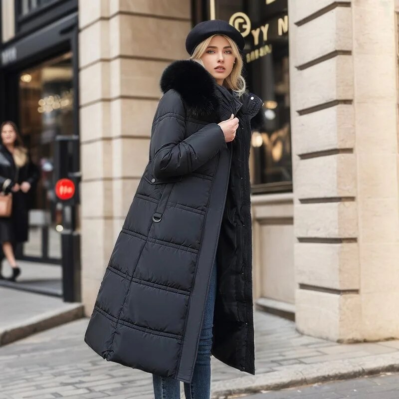 Women's Long Winter Coat with Faux Fur Hood