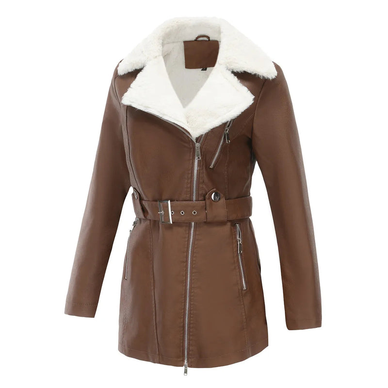 Women's leather-look winter coat with a teddy collar