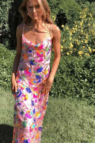 amelie – florales paillettenkleid mit rückenausschnitt & chain - straps - Cecile LavelleRosé