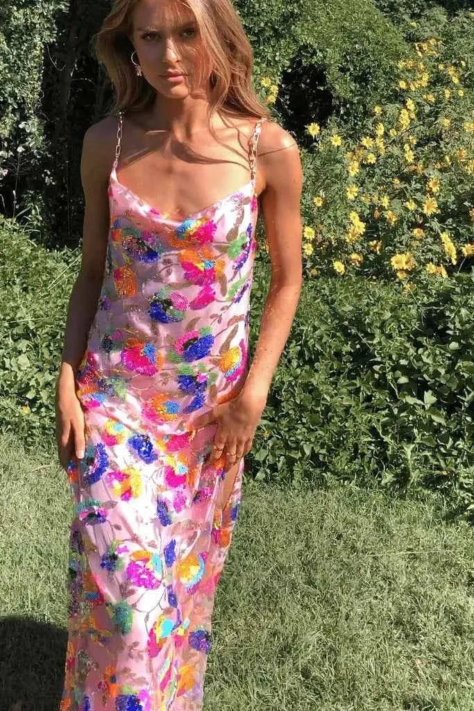 amelie – floral sequin dress with back cutout & chain straps