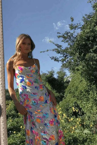 amelie – florales paillettenkleid mit rückenausschnitt & chain - straps - Cecile LavelleIvory
