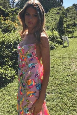 amelie – florales paillettenkleid mit rückenausschnitt & chain - straps - Cecile LavelleRosé