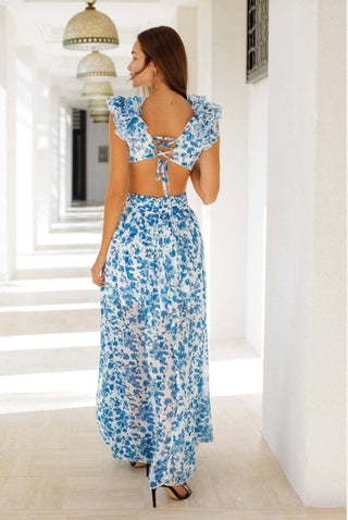 Amira – Rückenfreies Maxikleid mit Blumenmuster, Rüschen und Cut - Outs - Cecile LavelleOrange