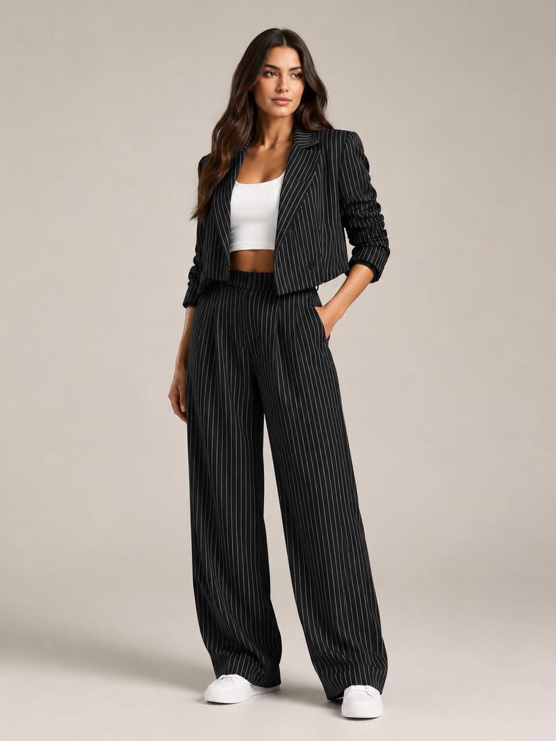 Women's pinstripe pantsuit with cropped blazer