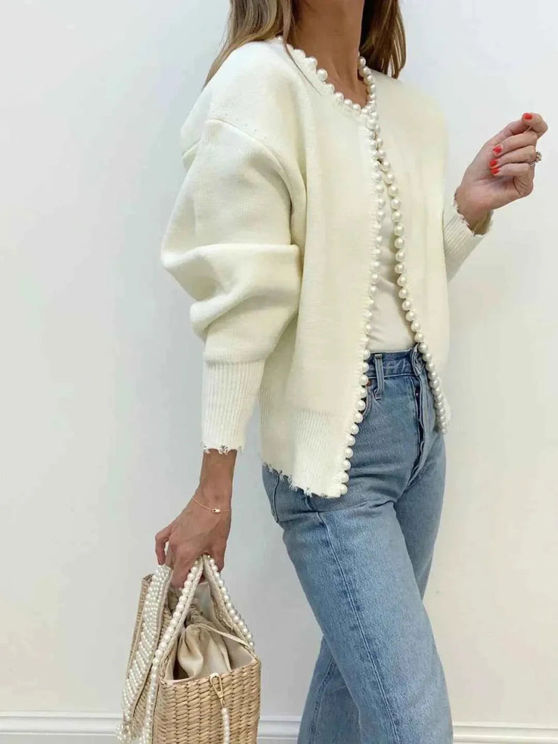 Claire – Knit Cardigan with Pearl Embellishments & Fringe Details