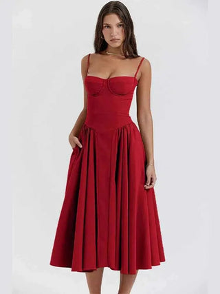 Clara – Midikleid mit Korsagenoberteil, Spaghettiträgern & ausgestelltem Rock - Cecile LavelleRot