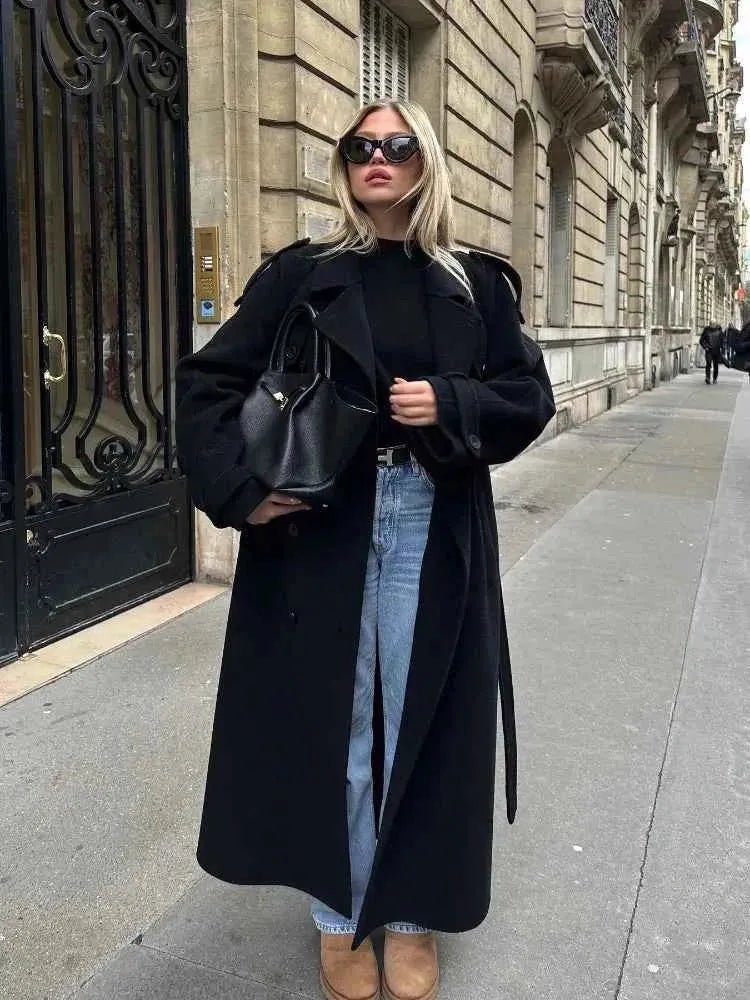 Colette – Long Women's Trench Coat in Black with Belt & Oversized Look