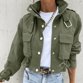 Damen Kurzjacke mit Kapuze und Taschen - Cecile LavelleDunkelgrün