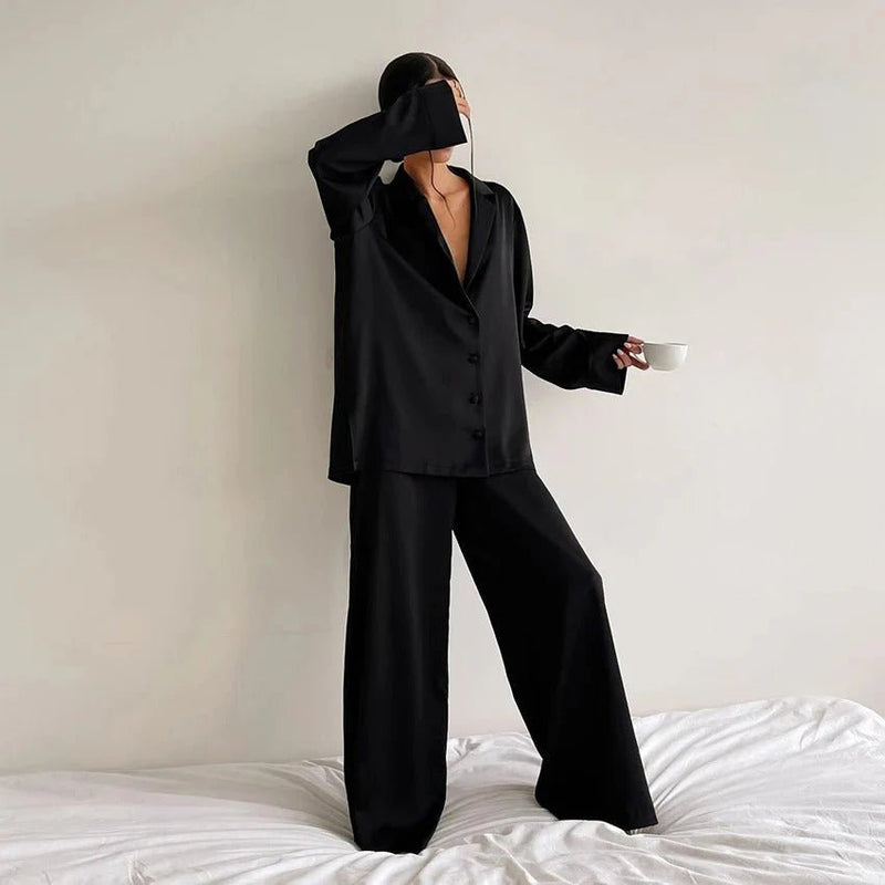 Elisa – Two-Piece Loungewear Set with Shirt Blouse and Wide Pants