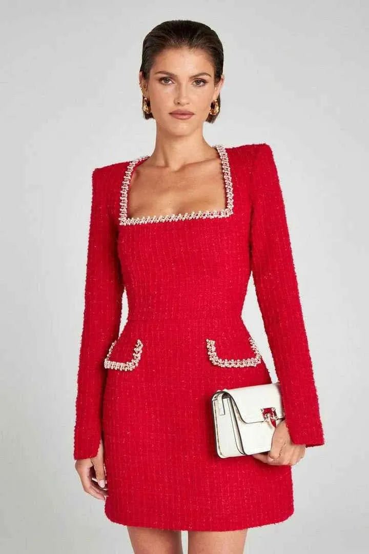 elodie – long-sleeve mini dress in tweed with pearl details
