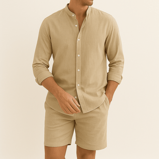 Herren Leinenlook Set Hemd Shorts - Cecile LavelleKhaki