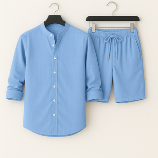 Herren Leinenlook Set Hemd Shorts - Cecile LavelleGrau