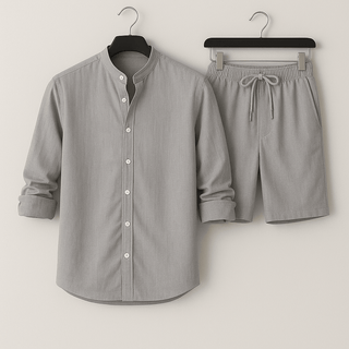 Herren Leinenlook Set Hemd Shorts - Cecile LavelleGrau