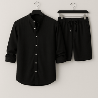 Herren Leinenlook Set Hemd Shorts - Cecile LavelleSchwarz