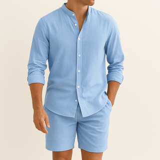 Herren Leinenlook Set Hemd Shorts - Cecile LavelleBlau