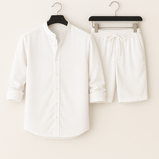 Herren Leinenlook Set Hemd Shorts - Cecile LavelleWeiß
