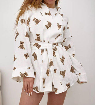 Ivy – Baumwoll - Loungewear - Set mit süßem Teddy - Print - Cecile LavelleWeiß