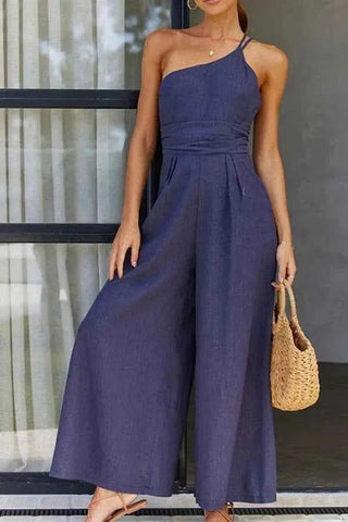 Léa – Eleganter Ein - Schulter Jumpsuit mit weitem Bein & Taillendetail - Cecile LavelleBlau