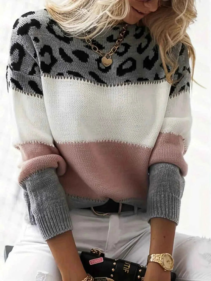 Leona – Women's Sweater with Leopard Print & Colorblock