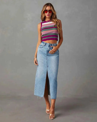 Liv – High Waist Jeansrock mit Schlitz und Raw - Cut - Saum - Cecile LavelleBlau