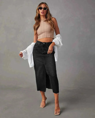 Liv – High Waist Jeansrock mit Schlitz und Raw - Cut - Saum - Cecile LavelleSchwarz
