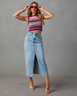 Liv – High Waist Jeansrock mit Schlitz und Raw - Cut - Saum - Cecile LavelleBlau