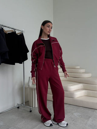 Loungewear Damen Set Zweiteilig Mit Stehkragen in Weinrot
