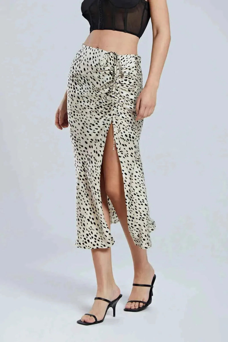 Maya – Animal Print Midi Skirt with Slit & Ruching