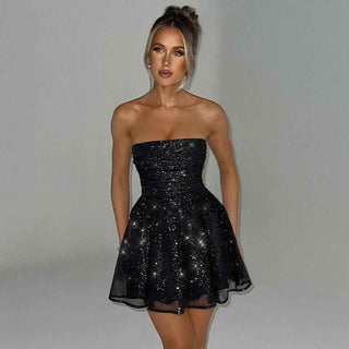 Mira – Glitzerndes, schulterfreies Tüll - Minikleid mit Schleifendetail - Cecile LavelleSchwarz