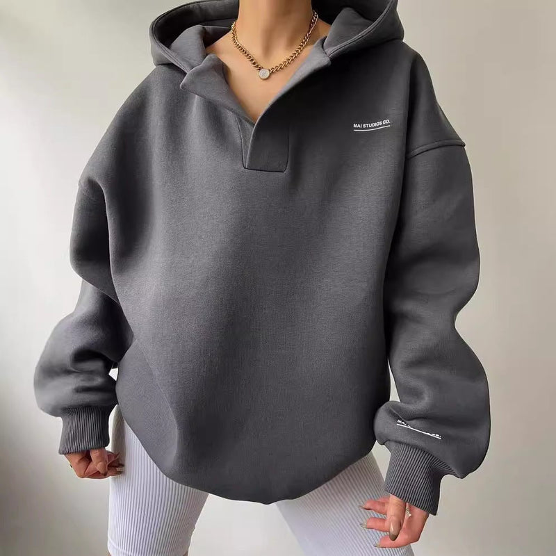 Mira – Loose Hoodie with Open Collar and Embroidery