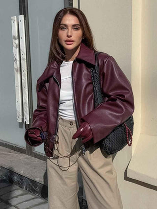 Nova – Oversize - Kunstlederjacke in Dunkelrot mit Reißverschluss - Cecile LavelleWeinrot