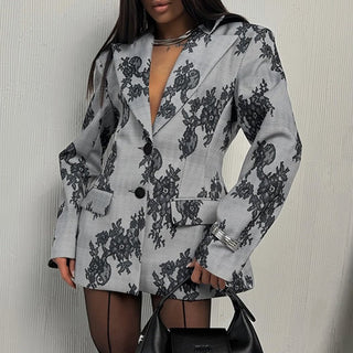 Oversize Damen Blazer mit Floralem Muster - Cecile LavelleGrau