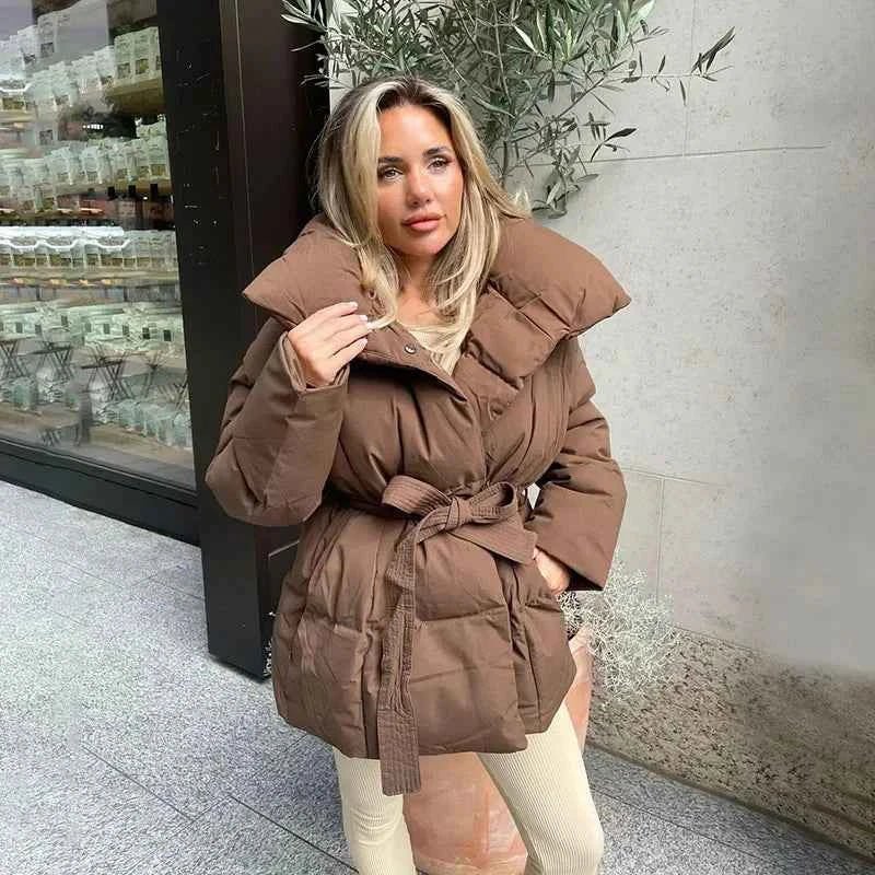 Puffer jacket for women with belt