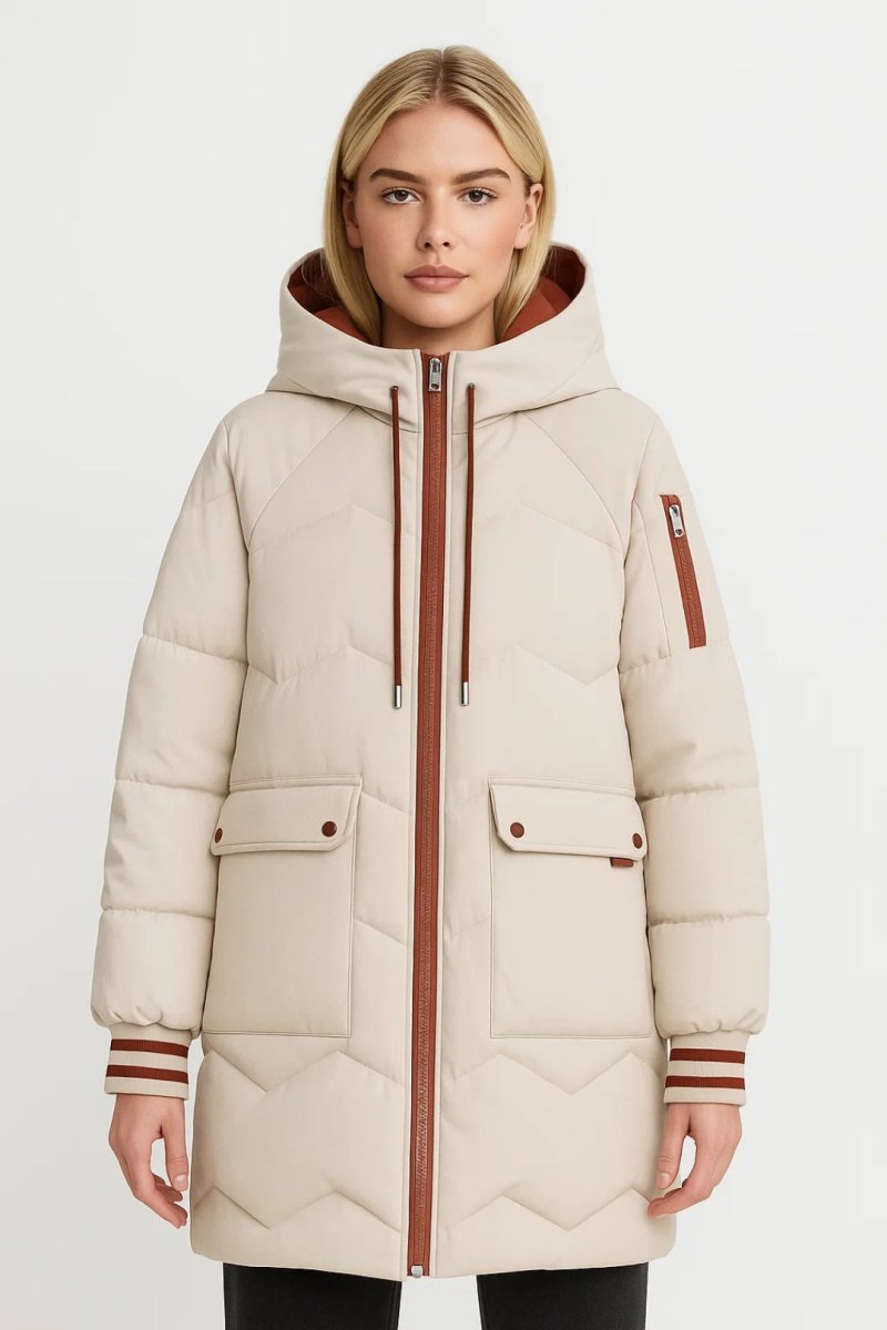 Long beige women’s winter puffer jacket
