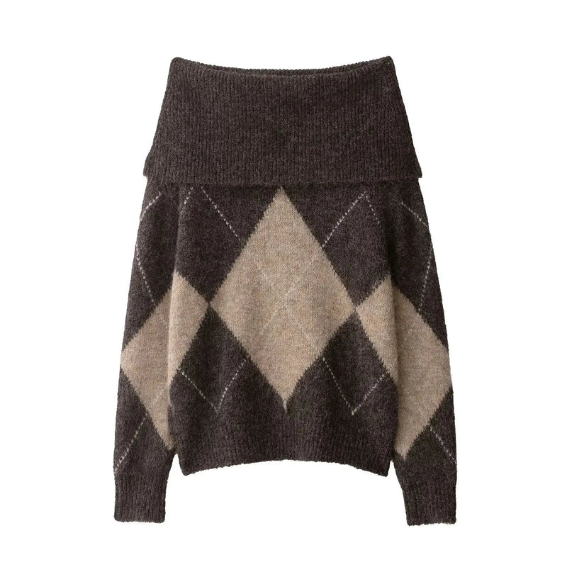 Women’s off-shoulder knitted sweater with an argyle pattern