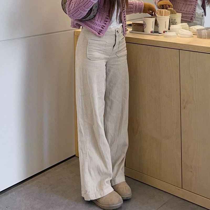 Ruby – Wide-leg corduroy pants with high waist in cream
