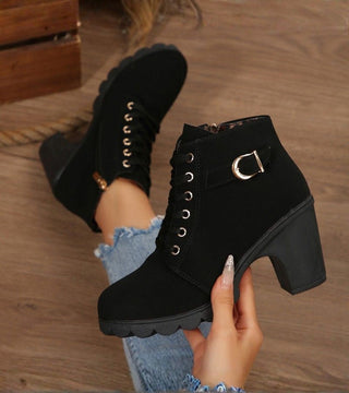 Schnürstiefel Damen mit Schnalle in Schwarz