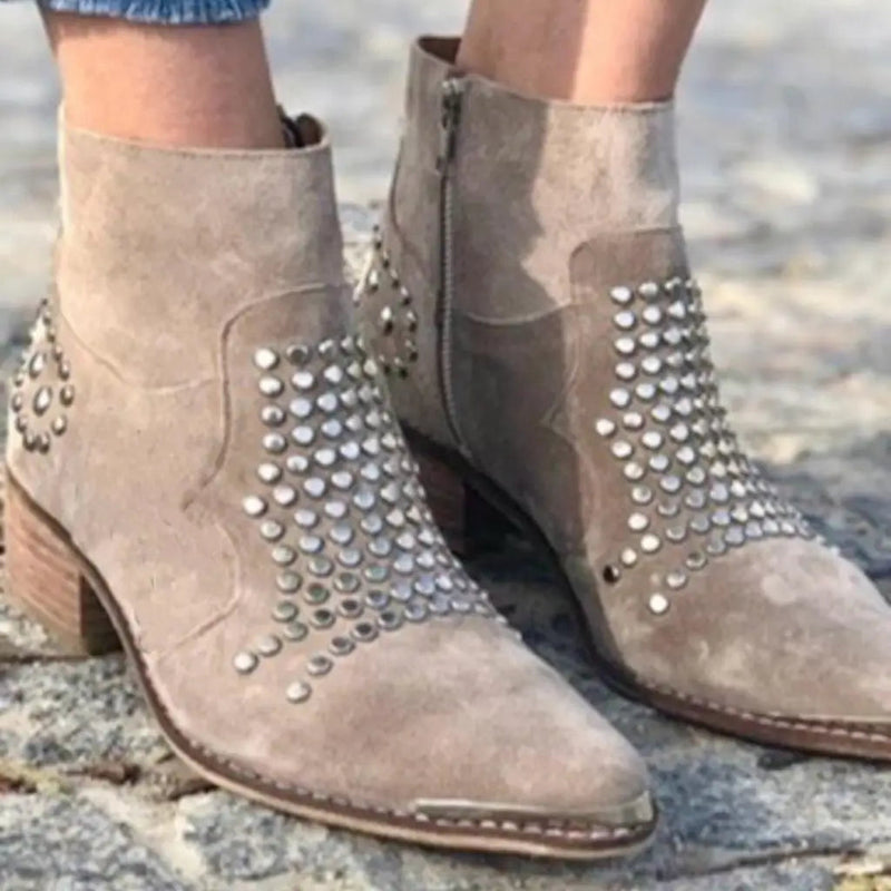 Khaki Studded Women's Ankle Boots
