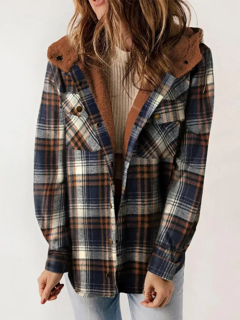 Women's transitional jacket with plaid pattern and hood