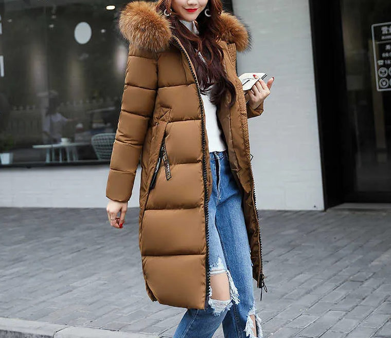 Women's long winter jacket with faux fur collar