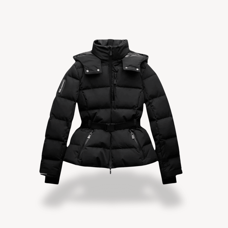 Women's winter puffer jacket with belt and hood
