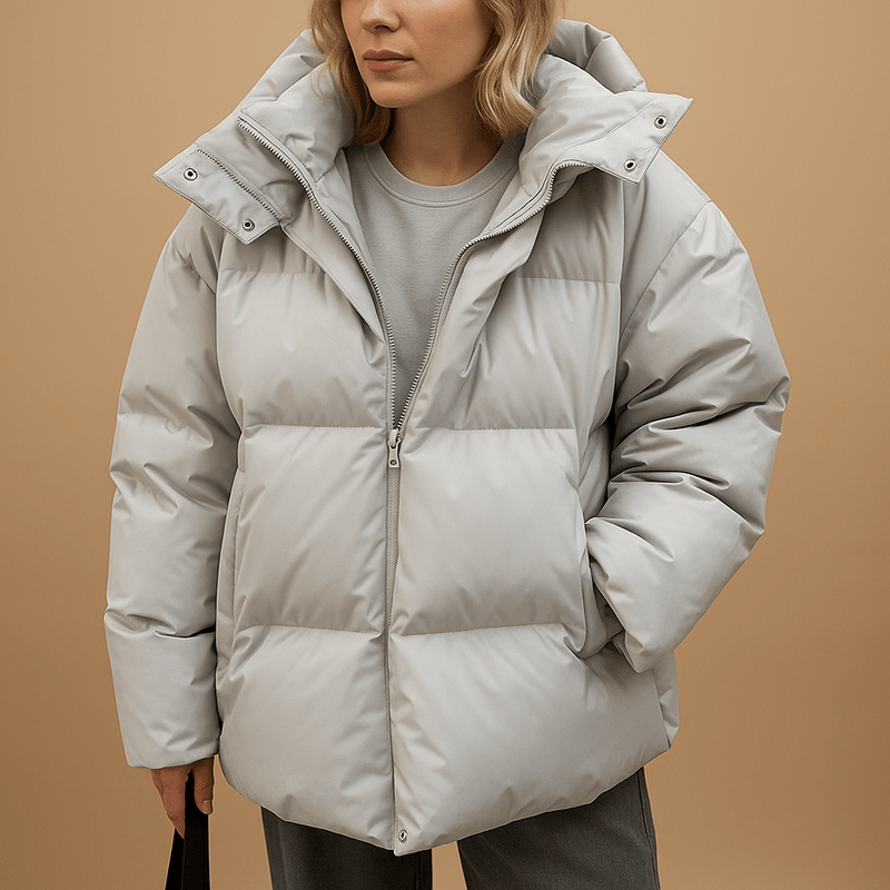 Women's winter puffer jacket with stand-up collar